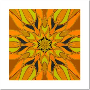 Cartoon Mandala Flower Yellow Orange and Blue Posters and Art